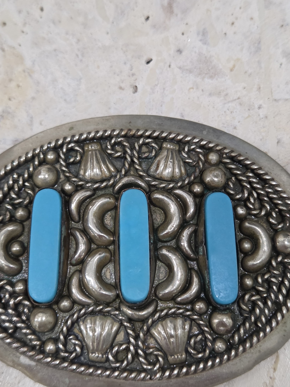 Silver-Tone Belt Buckle with Turquoise Blue Inlays